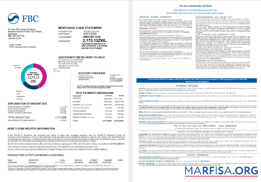 Realistic Zimbabwe FBC Bank mortgage loan statement in Word and PDF formats , 4 pages 1 2 download for verification